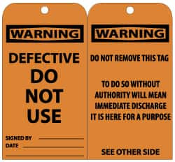 AccuformNMC 25 Qty 1 Pack 3" High x 6" Long, WARNING - DEFECTIVE-DO NOT USE, English Safety & Facility Lockout Tag Tag Header: Warning, 2 Sides, Black & Orange Unrippable Vinyl RPT130G - 56238538