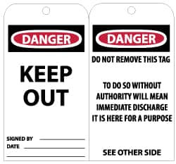 AccuformNMC 25 Qty 1 Pack 3" High x 6" Long, DANGER - KEEP OUT, English Safety & Facility Accident Prevention Tag Tag Header: Danger, 2 Sides, Black, Red & White Unrippable Vinyl RPT143G - 56238678