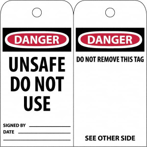 AccuformNMC Pack of (100), 3" High x 6" Long, DANGER x96 UNSAFE DO NOT USE, English Safety & Facility Accident Prevention Tags Tag Header: Danger, 2 Sides, White Poly RPT34ST100 - 69390839