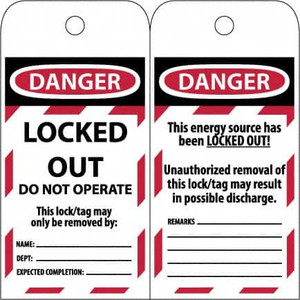 AccuformNMC Pack of (100), 3" High x 6" Long, LOCKED OUT - DO NOT OPERATE, English Safety & Facility Lockout Tags Tag Header: Danger, 2 Sides, Black & Red Poly LOTAG42ST100 - 69391019