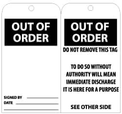 AccuformNMC 25 Qty 1 Pack 3" High x 6" Long, OUT OF ORDER, English Safety & Facility Lockout Tag Tag Header: CAUTION, 2 Sides, Black & White Unrippable Vinyl RPT24G - 72310071