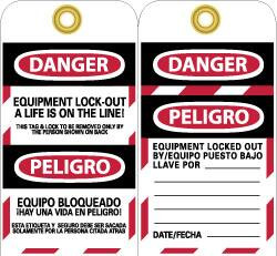 AccuformNMC 25 Qty 1 Pack 3" High x 6" Long, DANGER - EQUIPMENT LOCK-OUT - A LIFE IS ON THE LINE THIS TAG & LOCK TO BE REMOVED ONLY BY THE PERSON SHOWN ON BACK, Safety & Facility Lockout Tag Tag Header: Danger, 2 Sides, Vinyl SPLOTAG12-25 - 72310436