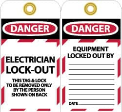 AccuformNMC 10 Qty 1 Pack 3" High x 6" Long, DANGER - ELECTRICIAN LOCK-OUT - THIS TAG & LOCK TO BE REMOVED ONLY BY THE PERSON SHOWN ON BACK, English Safety & Facility Lockout Tag, 2 Sides, Black, Red & White Vinyl LOTAG16 - 74757865