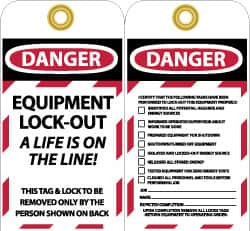 AccuformNMC 10 Qty 1 Pack 3" High x 6" Long, DANGER - EQUIPMENT LOCK-OUT - A LIFE IS ON THE LINE THIS TAG & LOCK TO BE REMOVED ONLY BY THE PERSON SHOWN ON BACK, English Safety & Facility Lockout Tag, 2 Sides, Vinyl LOTAG27 - 74757931