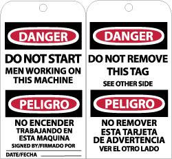 AccuformNMC 25 Qty 1 Pack 3" High x 6" Long, DANGER - DO NOT START- MEN WORKING ON THIS MACHINE, English & Spanish Safety & Facility Accident Prevention Tag Tag Header: Danger, 2 Sides, Black, Red & White Unrippable Vinyl RPT104 - 82725375