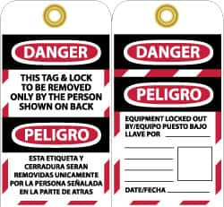 AccuformNMC Pack of (10), 3" High x 6" Long, DANGER - THIS TAG & LOCK TO BE REMOVED ONLY BY THE PERSON SHOWN ON BACK, English & Spanish Safety & Facility Lockout Tags, 2 Sides, Black, Red & White Unrippable Vinyl SPLOTAG13 - 82737651