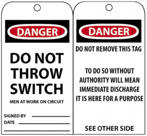 AccuformNMC 25 Qty 1 Pack 3" High x 6" Long, DANGER - DO NOT THROW SWITCH, English Safety & Facility Accident Prevention Tag Tag Header: Danger, 2 Sides, Black, Red & White Unrippable Vinyl RPT14 - 86528858