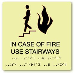 AccuformNMC In Case of Fire - Use Stairway, Plastic Fire Sign 8" Wide x 8" High, English/Braille, Glow-in-the-Dark GADA111BK - 03099546