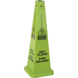 PRO-SAFE Wet Floor, 12" Wide x 36" High, Polypropylene Cone Floor Sign English/Spanish, Black on Lime Green, For Restroom, Janitorial & Housekeeping 03-600-09L - 31476542