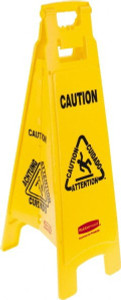 Rubbermaid Caution, 12" Wide x 37" High, Plastic Floor Sign English/French/Spanish, A-Frame, Black on Yellow, For Restroom, Janitorial & Housekeeping FG611400YEL - 09308677