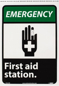 AccuformNMC "Emergency - First Aid Station", 14" Long x 10" Wide, Pressure-Sensitive Vinyl Safety Sign Rectangle, 0.004" Thick, Use for First Aid EGA3PB - 05509070