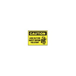 AccuformNMC "Caution - Lock Out for Safety Before You Start", 7" Long x 10" Wide, Pressure-Sensitive Vinyl Safety Sign Rectangle, 0.004" Thick, Use for Accident Prevention C177P - 09457979