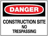 AccuformNMC "Danger - Construction Site - No Trespassing", 14" Long x 20" Wide, Pressure-Sensitive Vinyl Safety Sign Rectangle, 0.004" Thick, Use for Security & Admittance D248PC - 75204263