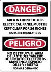 AccuformNMC "Danger - Area in Front of This Electrical Panel Must Be Kept Clear for 36 Inches OSHA-NEC Regulations", 20" Long x 14" Wide, Rigid Plastic Safety Sign Rectangle, 0.05" Thick, Use for Accident Prevention ESD225RC - 75263558