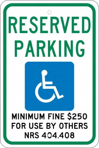 AccuformNMC "Reserved Parking Minimum Fine $250 For Use By Others NRS 404.408," Handicap Symbol, 12" Wide x 18" High Aluminum ADA Sign 0.08" Thick, Green & Blue on White, Rectangle, Engineer Grade Reflectivity, Post Mount TMS323J - 37658655