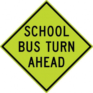 AccuformNMC "School Bus Turn Ahead," 30" Wide x 30" High Aluminum Traffic Control Sign 0.08" Thick, Black on Yellow, Diamond, Diamond Grade Reflectivity, Post Mount TM170DG - 37742160