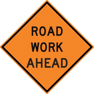 AccuformNMC "Road Work Ahead," 30" Wide x 30" High Aluminum Construction Roadway Sign 0.08" Thick, Black on Orange, Diamond, High Intensity Reflectivity, Post Mount TM229K - 37742335