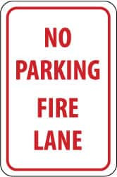 AccuformNMC "No Parking - Fire Lane," 12" Wide x 18" High Aluminum Fire Lane Sign 0.063" Thick, Red on White, Rectangle, Post Mount TM3H - 63373914