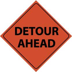 AccuformNMC "Detour Ahead," 48" Wide x 48" High Nylon Construction Roadway Sign Black on Orange, Diamond, Engineer Grade Reflectivity, Sign Stand RUR2 - 72316037