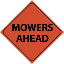 AccuformNMC "Mowers Ahead," 48" Wide x 48" High Nylon Construction Roadway Sign Black on Orange, Diamond, Engineer Grade Reflectivity, Sign Stand RUR5 - 72316060