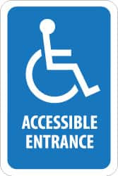 AccuformNMC "Accessible Entrance," Handicap Symbol, 12" Wide x 6" High Aluminum ADA Sign 0.08" Thick, Blue on White, Rectangle, Engineer Grade Reflectivity, Post Mount TM149J - 72316573