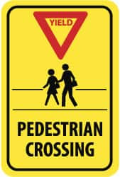 AccuformNMC "Yield - Pedestrian Crossing," Pedestrians, Red Triangle, 12" Wide x 18" High Aluminum Pedestrian Crossing Sign 0.08" Thick, Red & Black on Yellow, Rectangle, High Intensity Reflectivity, Post Mount TM169K - 72316920