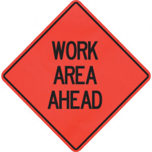 PRO-SAFE "Work Area Ahead," 48" Wide x 48" High Vinyl Traffic Control Sign Black on Orange, Triangle, Sign Stand 07-800-4005-L - 31666183