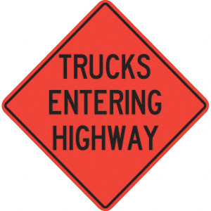 PRO-SAFE "Trucks Entering Highway," 36" Wide x 36" High Vinyl Traffic Control Sign Black on Orange, Triangle, Sign Stand 07-800-3722-L - 31666530