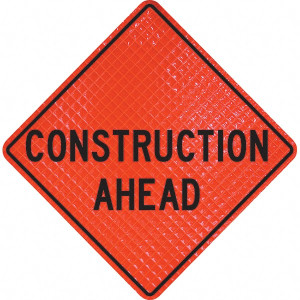 PRO-SAFE "Construction Ahead," 48" Wide x 48" High Vinyl Traffic Control Sign Black on Orange, Triangle, Reflective, Sign Stand 07-800-4030-L - 31666860