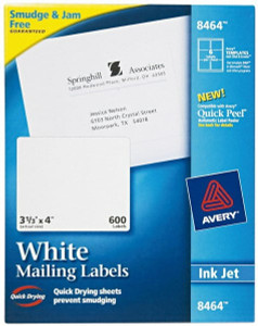Avery Pack of (600), 3.333" x 4" White Paper Shipping Labels For Inkjet Printers 08464 - 81629412