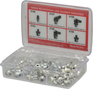 Alemite 44 Piece, Metric, Box Grease Fitting Set Includes Metric Thread Types, Includes M10x1: (10) Straight, M6x1: (10) Straight, (6) 45°, (6) 90°, M8x1: (6) Straight, (6) 90° 2371 - 03245081