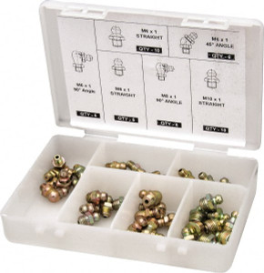 PROLUBE 44 Piece, Metric, Box Plastic Steel Grease Fitting Set Includes Metric Thread Types, Includes M10x1: (10) Straight, M6x1: (10) Straight, (6) 45°, (6) 90°, M8x1: (8) Straight, (8) 90° GFT/KIT/M-44 - 78815867