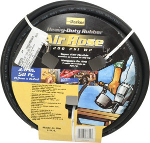 Parker Hannifin 3/8" ID x 11/16" OD 50 ft. Long Multipurpose Air Hose MNPT x MNPT Ends, 200 Working psi, -40 to 212°F, 1/4" Fitting, Black 7093382-KAC - 88581756