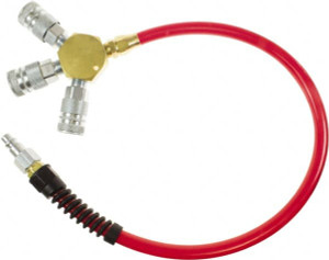 PRO-SOURCE 3/8" ID 4 ft. Long Lead-In Whip Hose Manifold with (3) Industrial Couplers Ends, 200 Working psi, 165°, 3/8" Fitting, Transparent Red 3800404010JP - 30561096