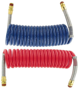 Parker Hannifin 3/8" ID, 1/2 x 1/2 Thread, 15 ft. Long, (1) Red & (1) Blue SAE J844 Type B Nylon Coiled & Self Storing Hose 150 Max psi, Parker NTA Brass Fittings 731522 - 05806328