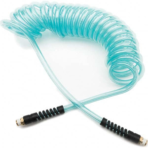 Parker Hannifin Coiled & Self-Storing Hose, Inside Diameter (Inch): 5/16, Material: 95A Shore Durometer Polyurethane, Fitting Type: MNPT (Swivel) x MNPT (Swivel), Length (Feet): 25, Thread Size: 0.375, Color: Transparent Blue 95UFS85TBL025 - 90146135