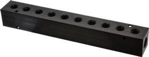 Made in USA 3/8" Inlet, 1/4" Outlet Manifold 9.38" Long x 1-1/4" Wide x 1-1/4" High, 0.2" Mount Hole, 2 Inlet Ports, 10 Outlet Ports PCM20-250-10B - 06430037