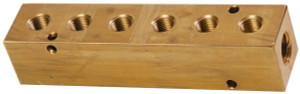 Made in USA 1/2" Inlet, 3/8" Outlet Manifold 6-3/4" Long x 1-1/2" Wide x 1-1/2" High, 0.2" Mount Hole, 2 Inlet Ports, 6 Outlet Ports BR06M150 - 78009503