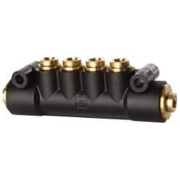 Parker Hannifin 1/4" Inlet, 1/4" Outlet Manifold 3.98" Long x 0.9" Wide 0.21" Mount Hole, 200°F Max, 150 Max PSI, 2 Inlet Ports, 4 Outlet Ports 24M-4-4 - 04093977