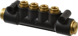 Parker Hannifin 3/8" Inlet, 1/4" Outlet Manifold 4" Long x 0.9" Wide 0.21" Mount Hole, 200°F Max, 150 Max PSI, 2 Inlet Ports, 4 Outlet Ports 24M-6-4 - 04093985