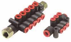 SMC Pneumatics 1/4" Inlet, 6mm Outlet Manifold 99mm Long, 2 Inlet Ports, 6 Outlet Ports KM12-06-02-6 - 04411609