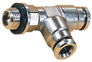 Norgren 8mm Outside Diam, 1/8 BSPP, Nickel Plated Brass Push-to-Connect Tube Male Swivel Run Tee 260 Max psi, Tube to Male BSPP Connection, Nitrile O-Ring 102680818 - 08038010