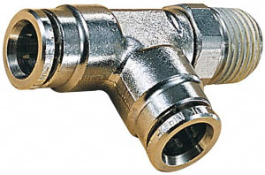 Norgren 10mm Outside Diam, 3/8 BSPT, Nickel Plated Brass Push-to-Connect Tube Male Swivel Run Tee 260 Max psi, Tube to Male BSPT Connection, Nitrile O-Ring 101681038 - 08038192