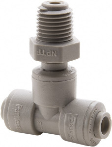 Parker Hannifin 1/2" Outside Diam, 3/8 NPTF, Acetal Push-to-Connect Tube Male Swivel Branch Tee 250 Max psi, Gray A8MTS6-MG - 33877200