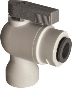 Parker Hannifin 3/8" Pipe, Full Port, Polypropylene Valve Female Elbow Ball Valve Bi-Directional, Push-to-Connect x FNPT Ends, Wedge Handle, 150 WOG, FDA, NSF-51 & NSF-61 LFPP6VFE6 - 50595578