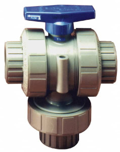 Plast-O-Matic Valves 1-1/2" Pipe, PVC True Union Design Ball Valve Three Way, FNPT x FNPT x FNPT Ends, Tee Handle, 175 WOG TMBV150EPT-PV - 09100462