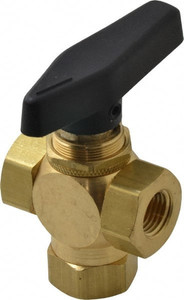 The Specialty Mfg. Co. 1/4" Pipe, Brass Standard Ball Valve Three Way, FNPT x FNPT x FNPT Ends, Wedge Handle, 400 WOG 3422590 - 09881475