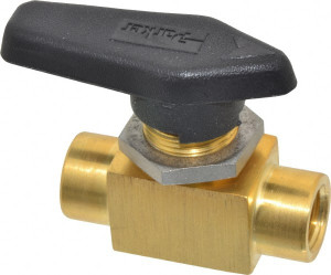 Parker Hannifin 1/4" Pipe, FNPT x FNPT End Connections, Brass, Inline, Two Way Flow, Instrumentation Ball Valve 3,000 psi WOG Rating, Wedge Handle, PFA Seat 4F-MB6LPFA-BP - 86929809