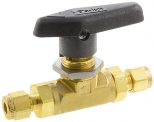 Parker Hannifin 3/8" Pipe, Brass, Inline, Two Way Flow, Instrumentation Ball Valve 3,000 psi WOG Rating, Wedge Handle, PTFE Seal, PTFE Seat 6A-B6LJ2-BP - 86857570