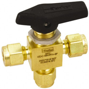 Parker Hannifin 3/8" Pipe, Brass, Three Way, Instrumentation Ball Valve 3,000 psi WOG Rating, Wedge Handle, PFA Seat 6A-MB6XPFA-BP - 86929866